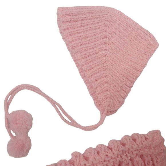 Vintage Handmade Crochet Little Girls Winter Hat And Scarf Set Pom Pom Pink - Picture 11 of 16